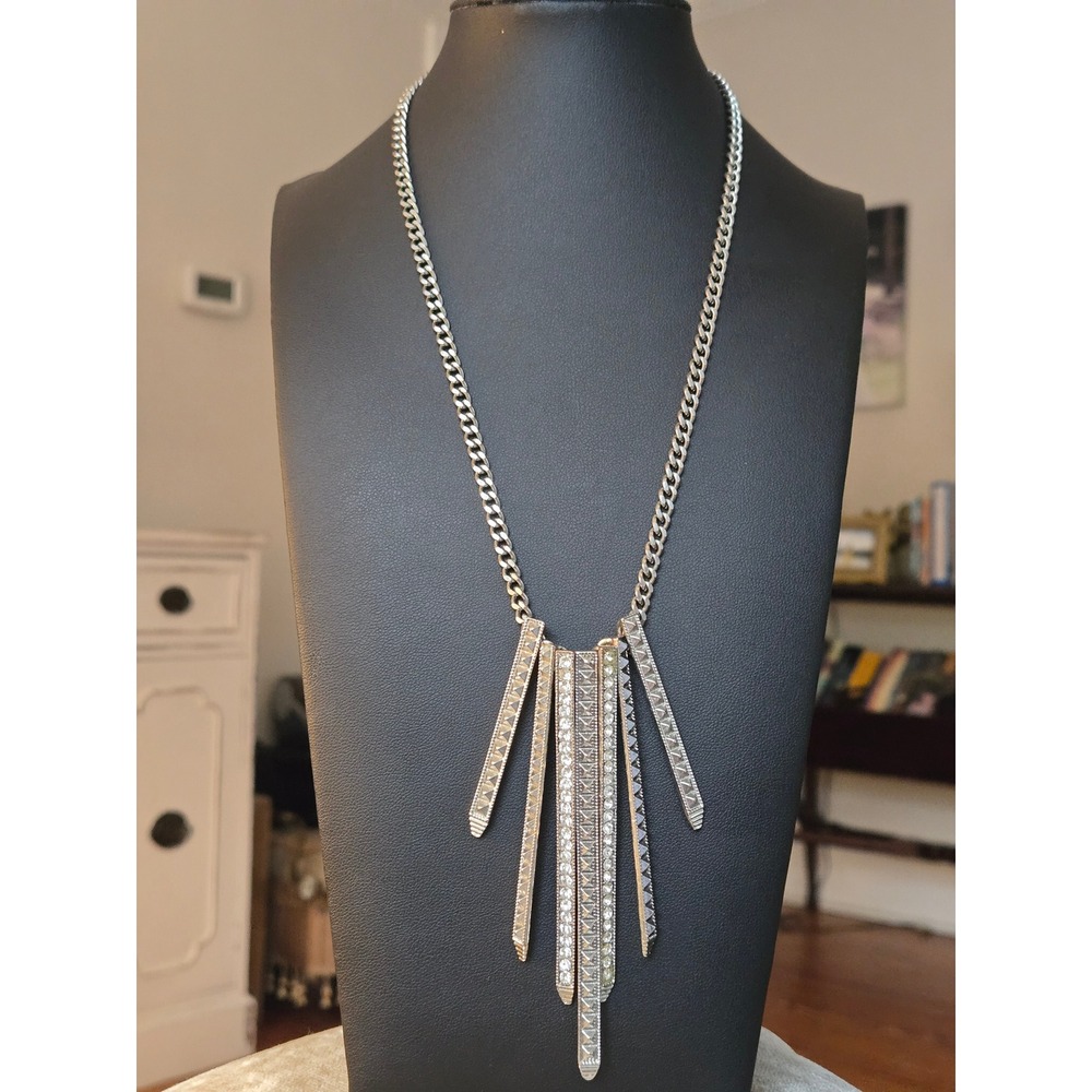 Goldtone Silvertone Art Deco Bar Pave Rhinestone Necklace Vintage